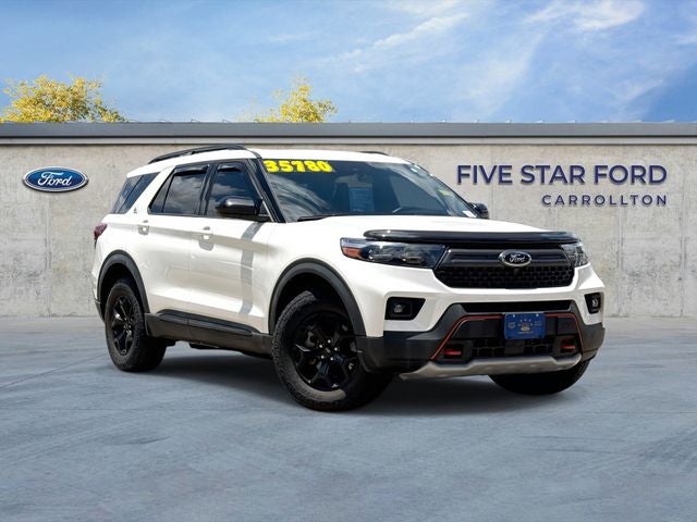 2022 Ford Explorer Timberline in Star White Metallic Tri-Coat — front three-quarter view