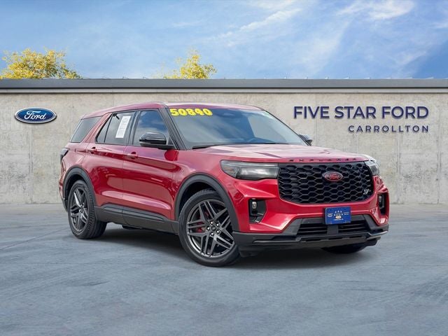 2025 Ford Explorer ST in Rapid Red Metallic Tinted Clearcoat — front three-quarter view